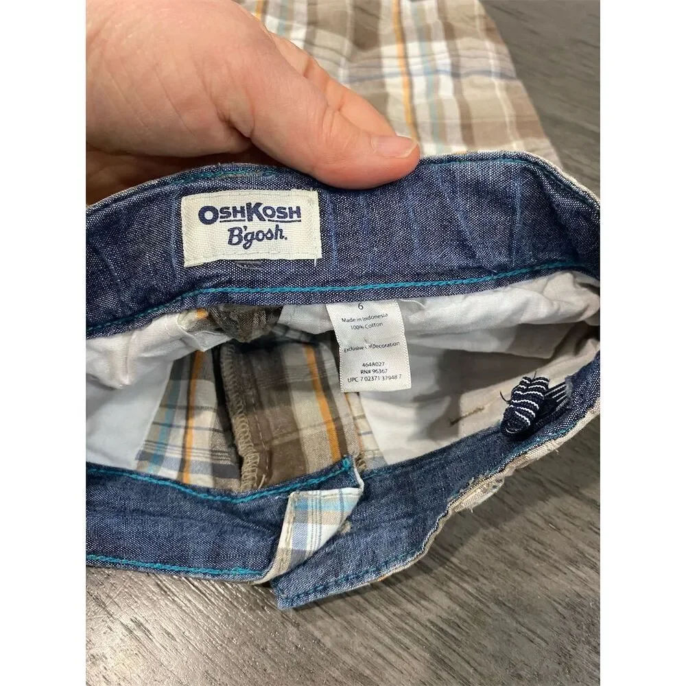 OshKosh B'gosh Boys Brown Plaid Chino Shorts Size 6 Casual Summer